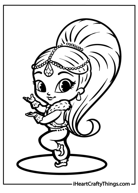 Shimmer and Shine coloring picture showing adorable ponytailed genie Shimmer dancing on a spotlight