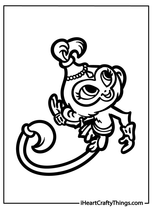 Shimmer and Shine coloring page depicting cute pet monkey Tala balancing on her tail