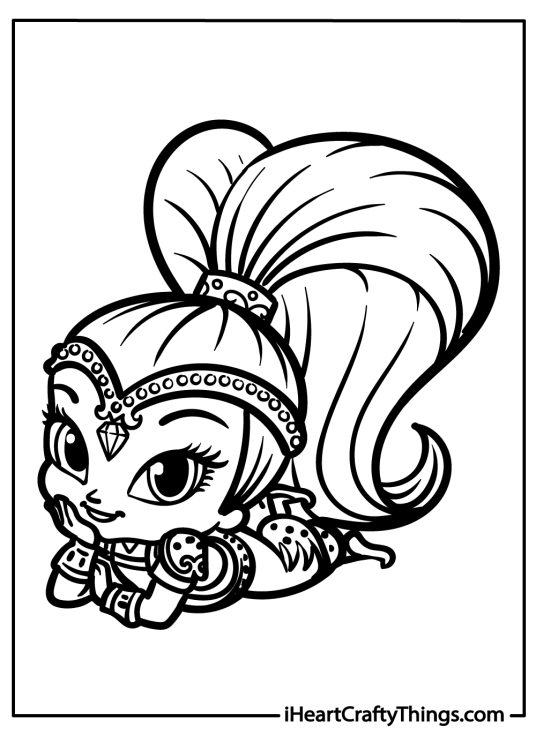 Shimmer and Shine coloring image for kids presenting Shine resting her head on her hands