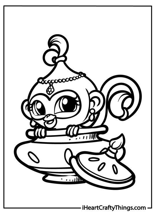 Shimmer and Shine coloring pdf depicting cheerful monkey Tala sitting on a magic lamp