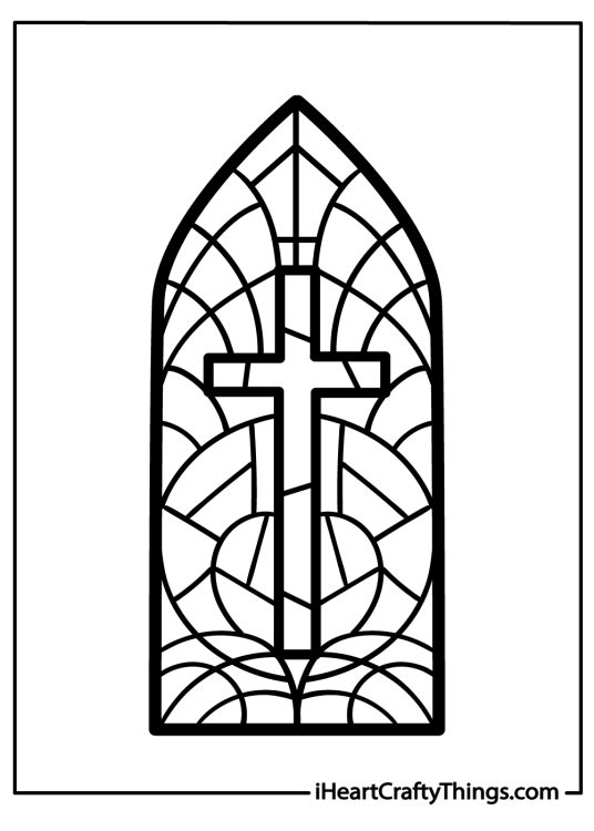 Coloring page of a stained glass window in shape of pointed arch featuring a cross with a circle around it in the centre