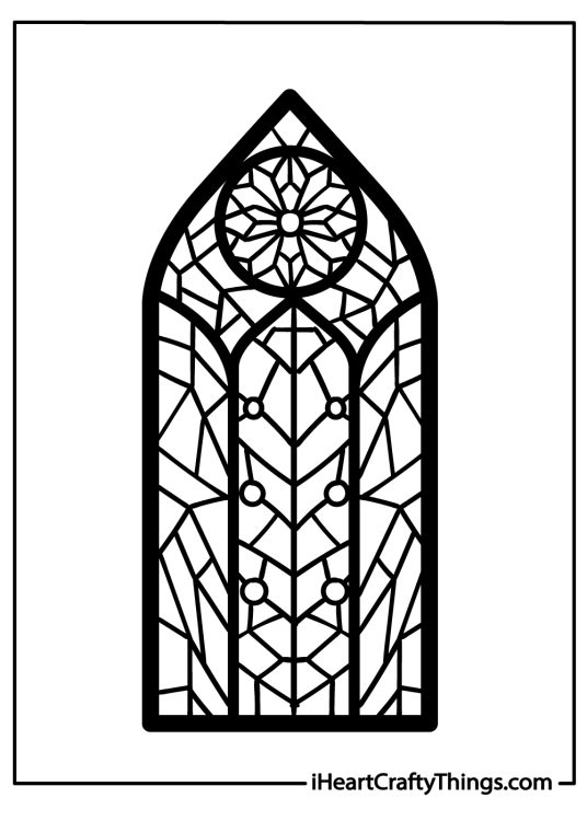 Detailed coloring page of a gothic stained glass window with intricate and detailed designs
