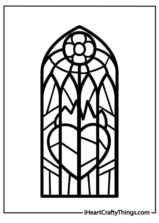 Coloring page featuring stained glass window with a heart shape in the centre and a large flower at the top