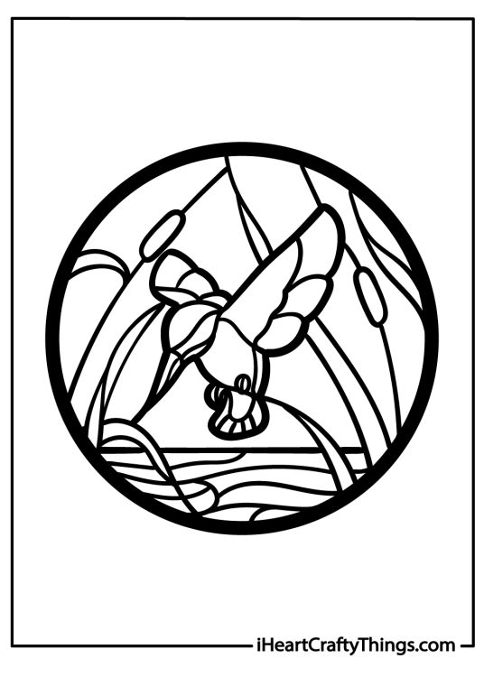 Coloring page of a stained glass featuring a symmetrical design with a dove and some flowers around it