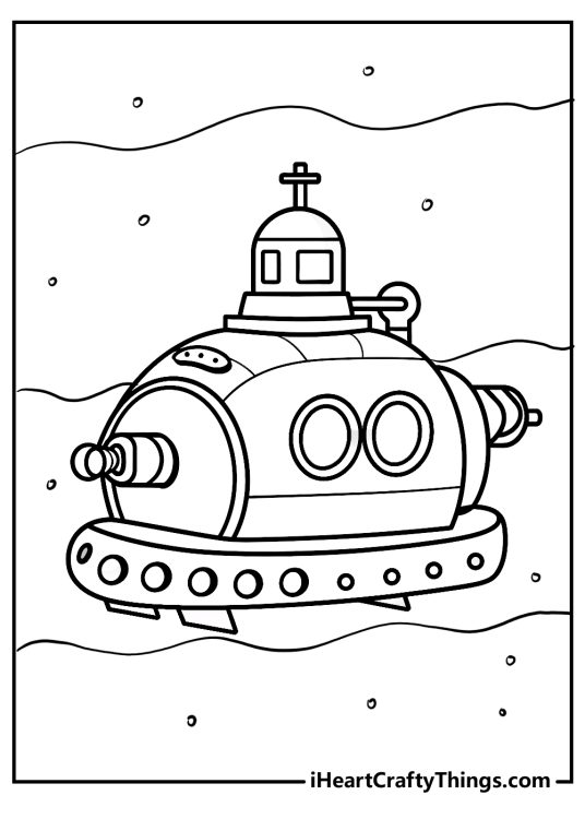 Coloring printable for children presenting unique design submarine on a mission underwater