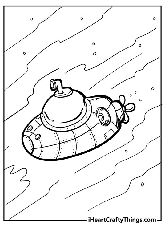 Detailed coloring printable featuring view from above onto submarine surrounded by water