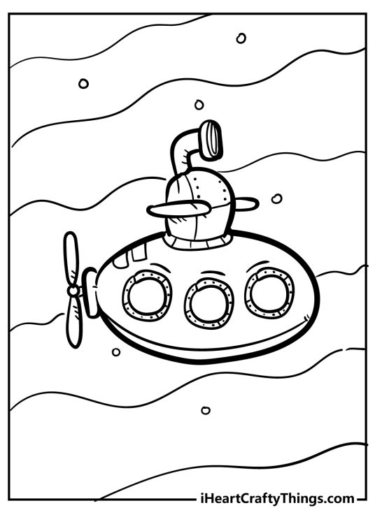 Coloring page for pre-schoolers presenting submarine drawn in cartoony style with water waves in the background