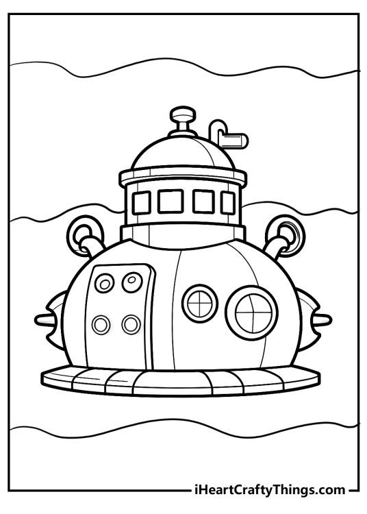 Detailed printable drawing for kids of an interesting design submarine with a flat base