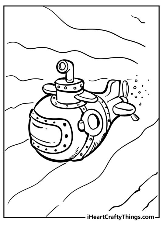 Coloring image for kids presenting rounded design submarine reminding fish shape