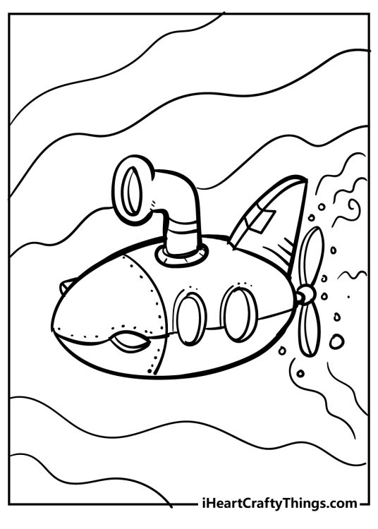 Coloring sheet featuring submarine with some rounded blank windows on the side and water waves all around it