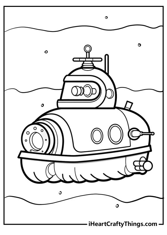 Detailed coloring sheet presenting unique design submarine exploring deep waters