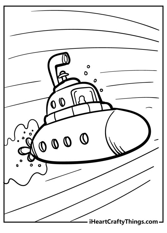 Printable pdf depicting submarine with big curved periscope traveling at great speed