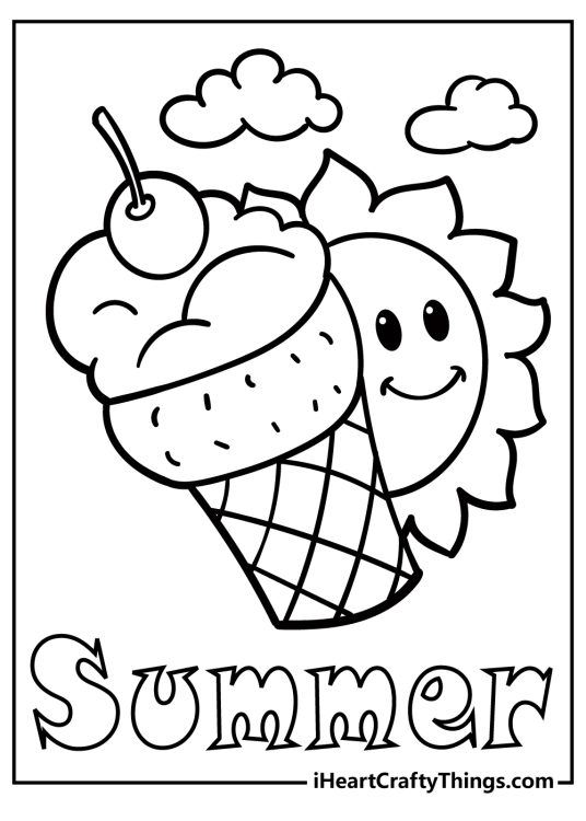 Coloring sheet featuring big ice cream cone with cartoony sun behind it and word SUMMER underneath it