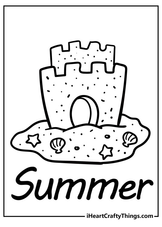 Coloring printable for kids presenting awesome sandcastle and word Summer below it