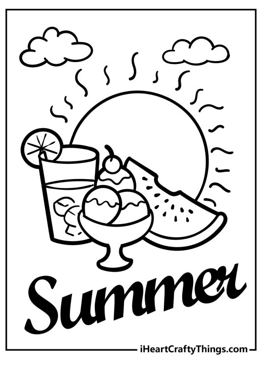Card featuring a glass of drink a slice of watermelon and a bowl of ice cream with a word Summer underneath