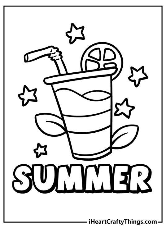 Coloring sheet featuring a delicious cool drink surrounded by stars and a word Summer beneath it