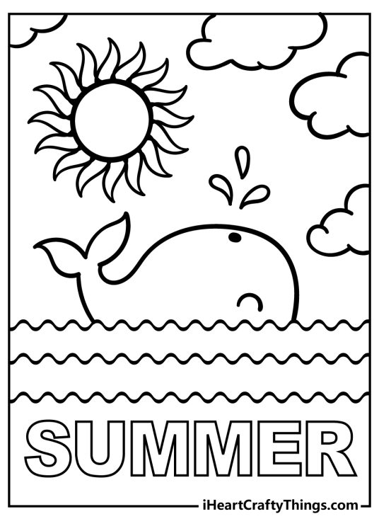 Picture for pre-schoolers featuring a calm ocean with a happy whale and a word Summer at the bottom of the page