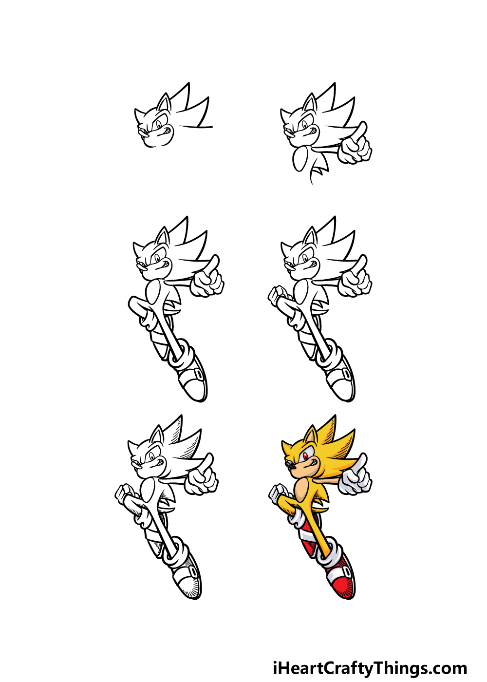 how to draw Super Sonic in 6 steps