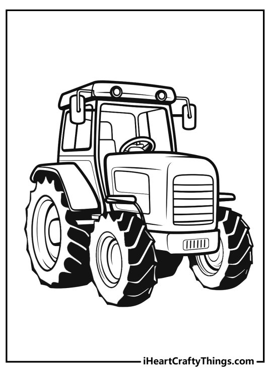 Free coloring page for kids featuring tractor turned to the right with big rear wheels