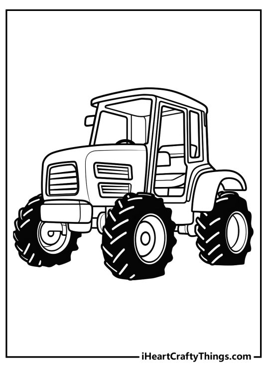 Coloring sheet of a forward facing and turned to the left tractor with black same-sized front and rear wheels