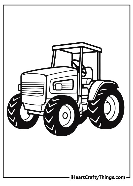 Printable sheet for kids to color featuring black wheeled tractor with large black steering wheel