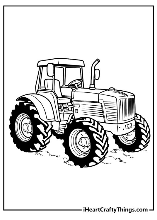 Massive tractor with large black tires parked on a meadow coloring page to print