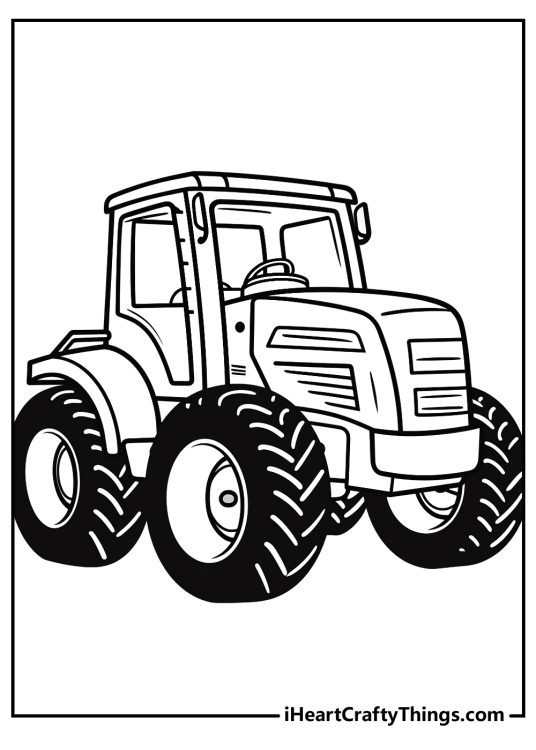 Detailed printable sheet to color featuring a large tractor with a cab and black tires