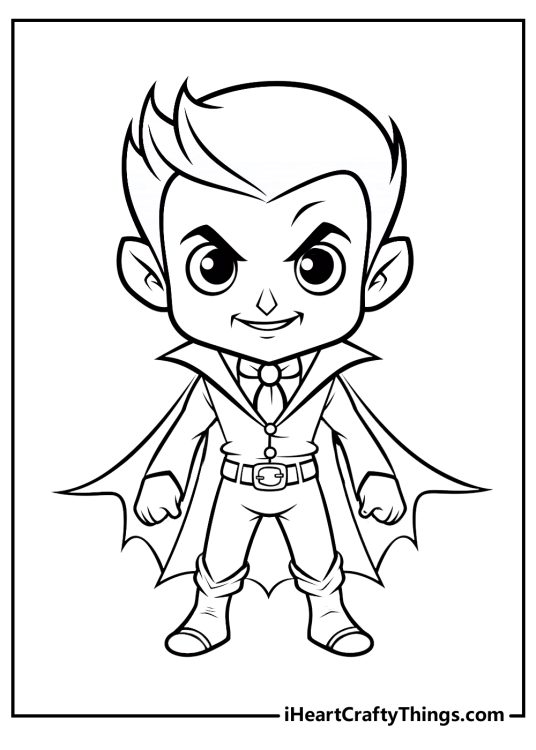 Detailed coloring page featuring a young vampire with pointy ears and mischievous facial expression