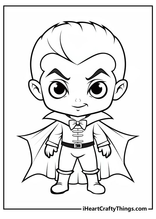 Printable coloring sheet for children presenting young kid dressed up as a vampire