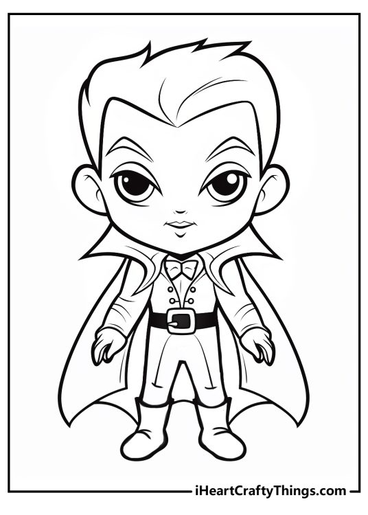 Detailed vampire-themed coloring picture featuring Dracula boy wearing impressive cape