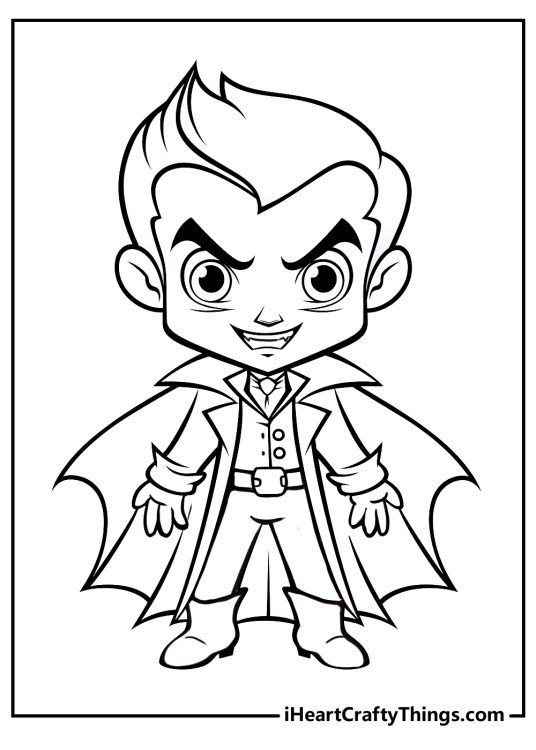 Detailed printable drawing of a young vampire with a mischievous grin on his face