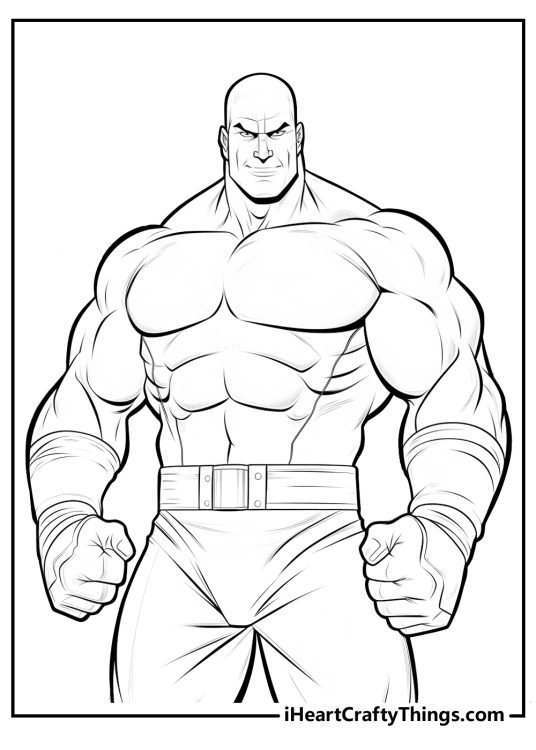 WWE coloring picture featuring popular wrestler Ryback standing with his fists clenched and his muscles bulging