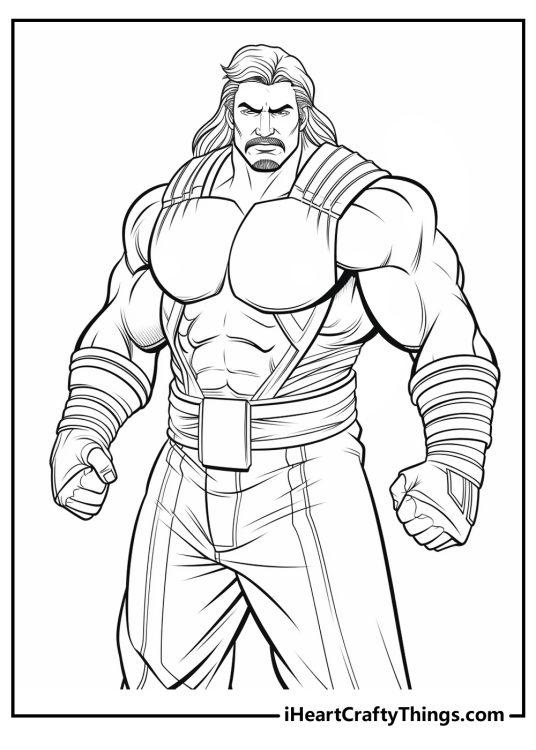 WWE-themed coloring poster featuring Roman Reigns standing in a fighting stance with his fists clenched