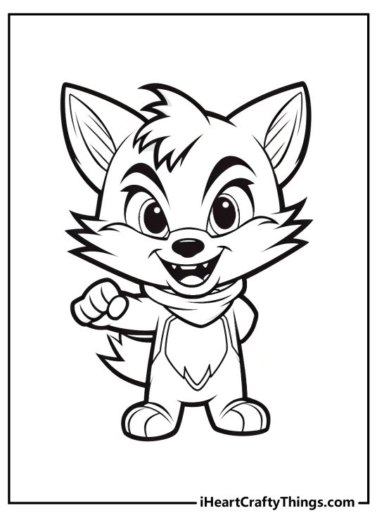 Coloring page for kids featuring a cute and friendly young werewolf standing on two legs with a big smile