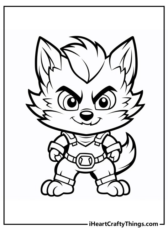 Coloring drawing for kids of a little werewolf with fluffy fur and a bushy tail standing on two legs
