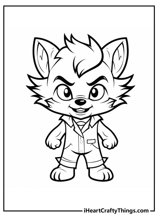 Coloring image for children presenting little werewolf wearing a collared shirt and pants