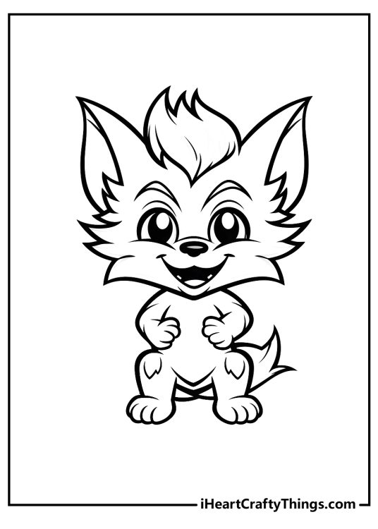 Free coloring page for pre-schoolers depicting little excited and smiling werewolf