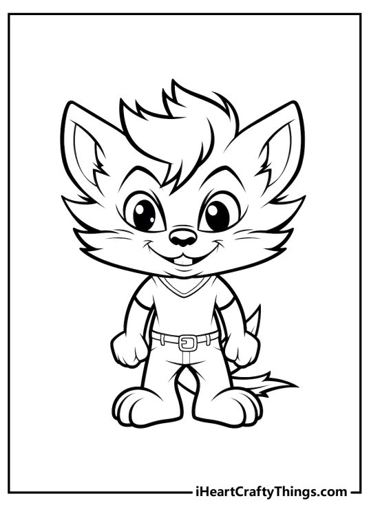 Coloring page for children presenting cute werewolf dressed in a t-shirt and pants