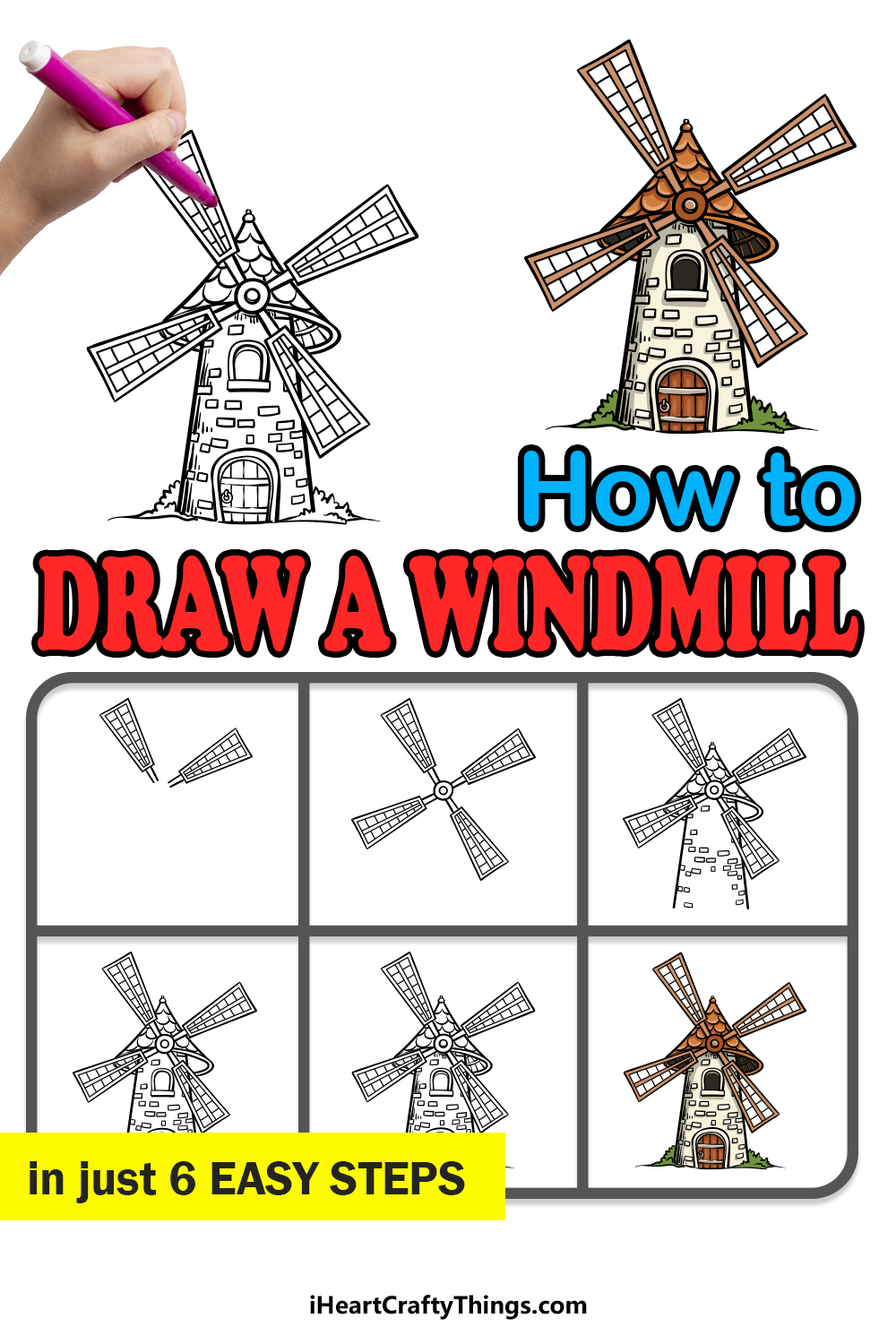 how to draw a Windmill in 6 easy steps