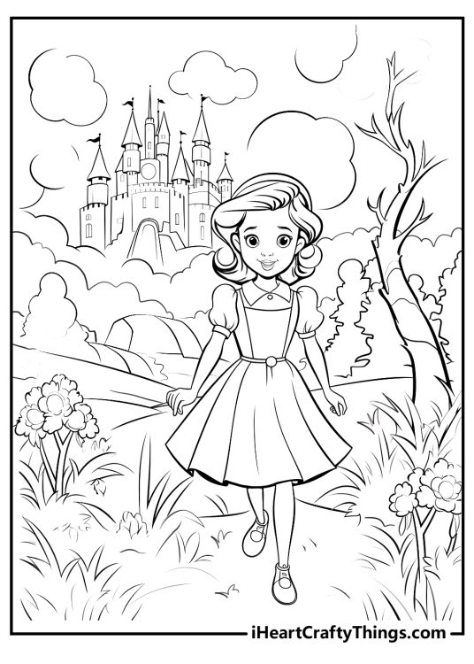 Detailed Wizard of Oz printable featuring smiling Dorothy in a forest in front of a castle with pointy rooftops