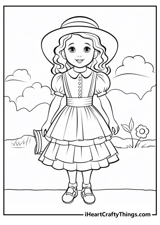 Picture of a Dorothy from Wizard of Oz standing in a garden wearing pretty dress and hat with a ribbon