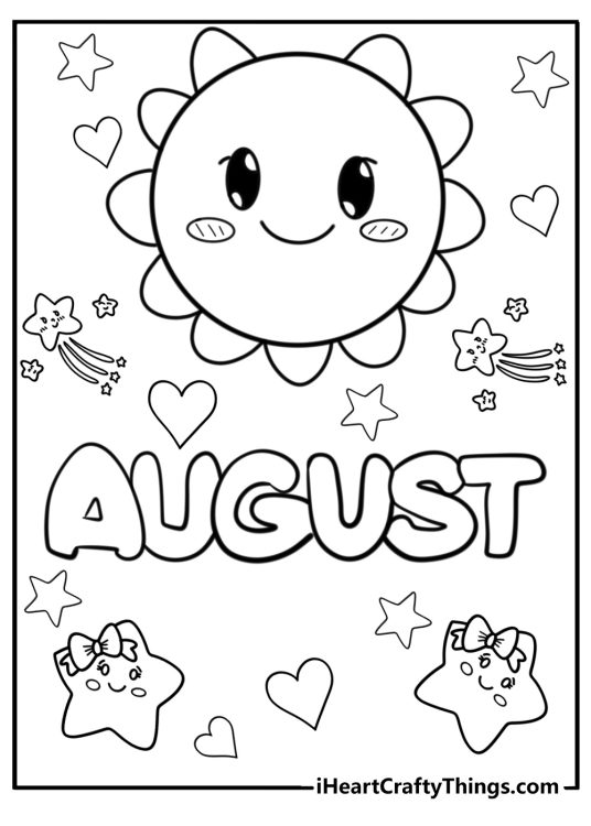 Printable picture to color featuring word August surrounded by smiling sun stars and heart shapes