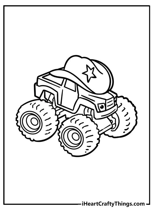 Blaze-themed coloring sheet for kids featuring character Starla with a cowgirl hat with a star on it