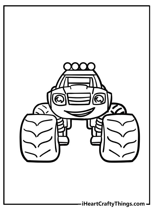 Coloring picture for children presenting front view of a smiling monster truck Blaze