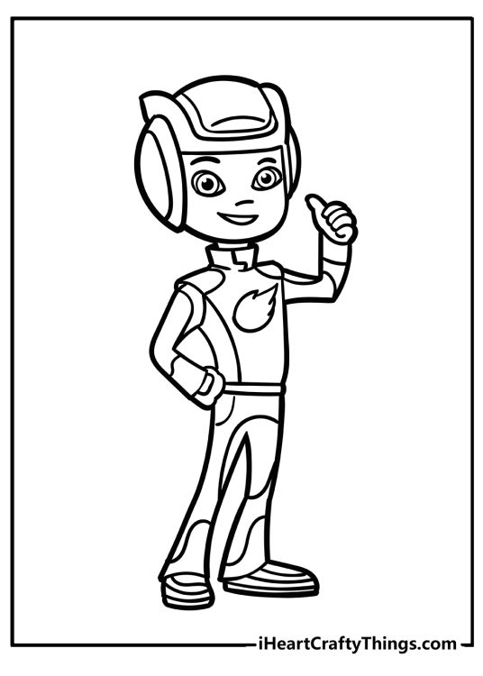 Blaze-themed coloring picture featuring character AJ in his racing outfit with the flame symbol on the chest