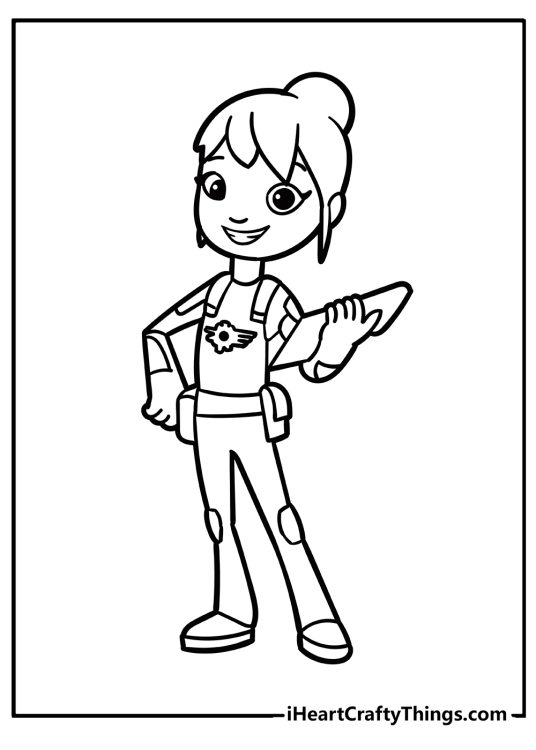 Blaze-themed printable coloring page presenting central character Gabby holding a tablet