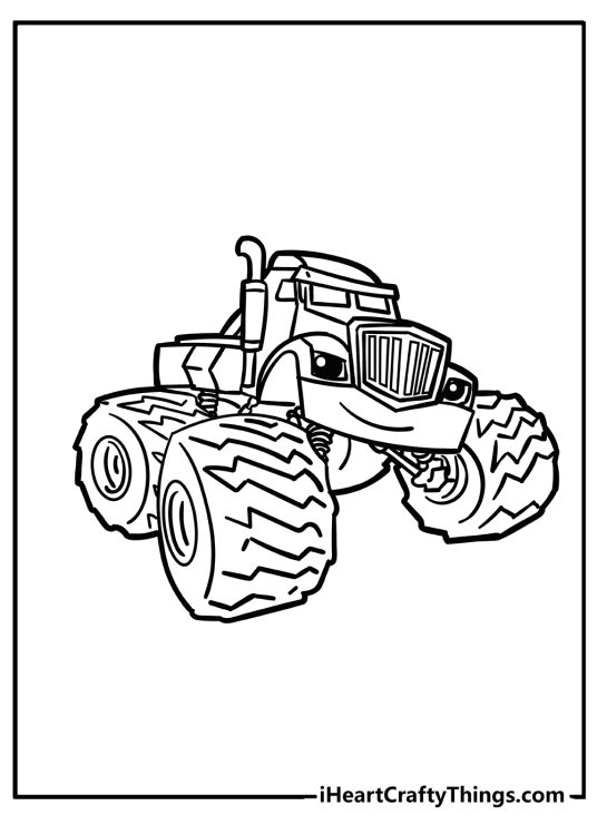 Blaze-themed picture to print and color presenting monster truck Crusher with clear background behind him