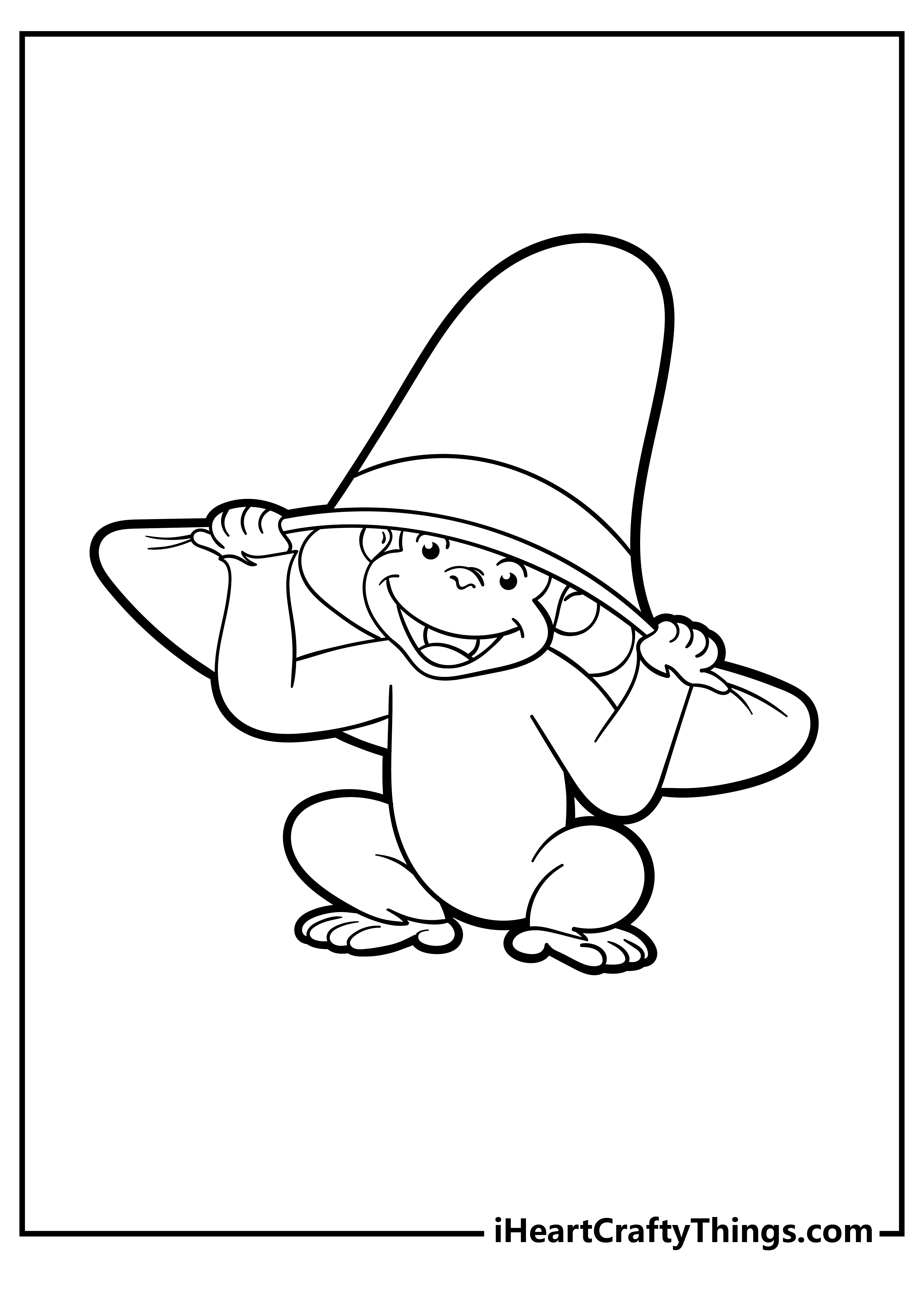 Free coloring printable for kids of a Curious George looking very happy wearing famous tall hat