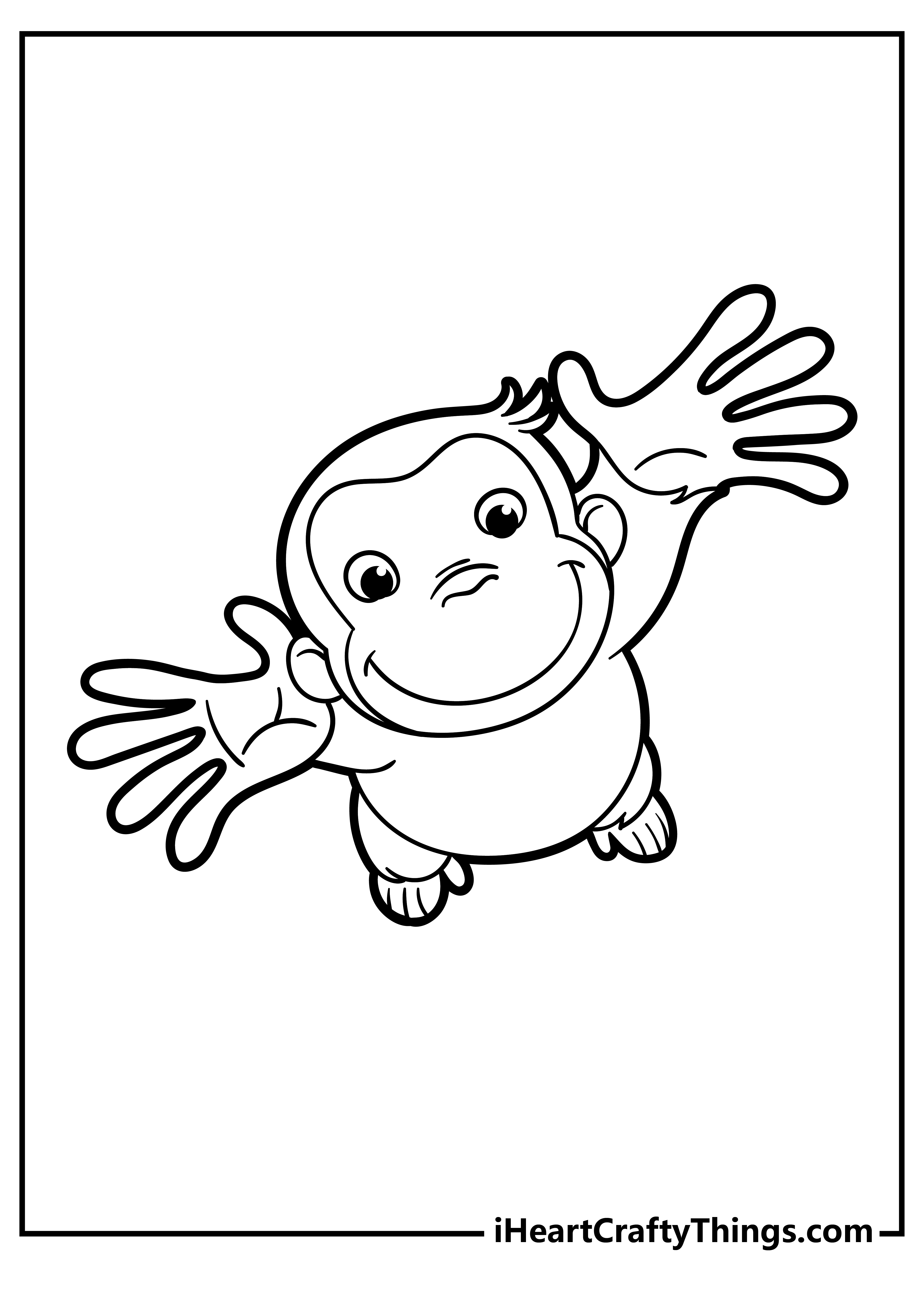 Curious George featured reaching out to us from below free coloring printable for kids