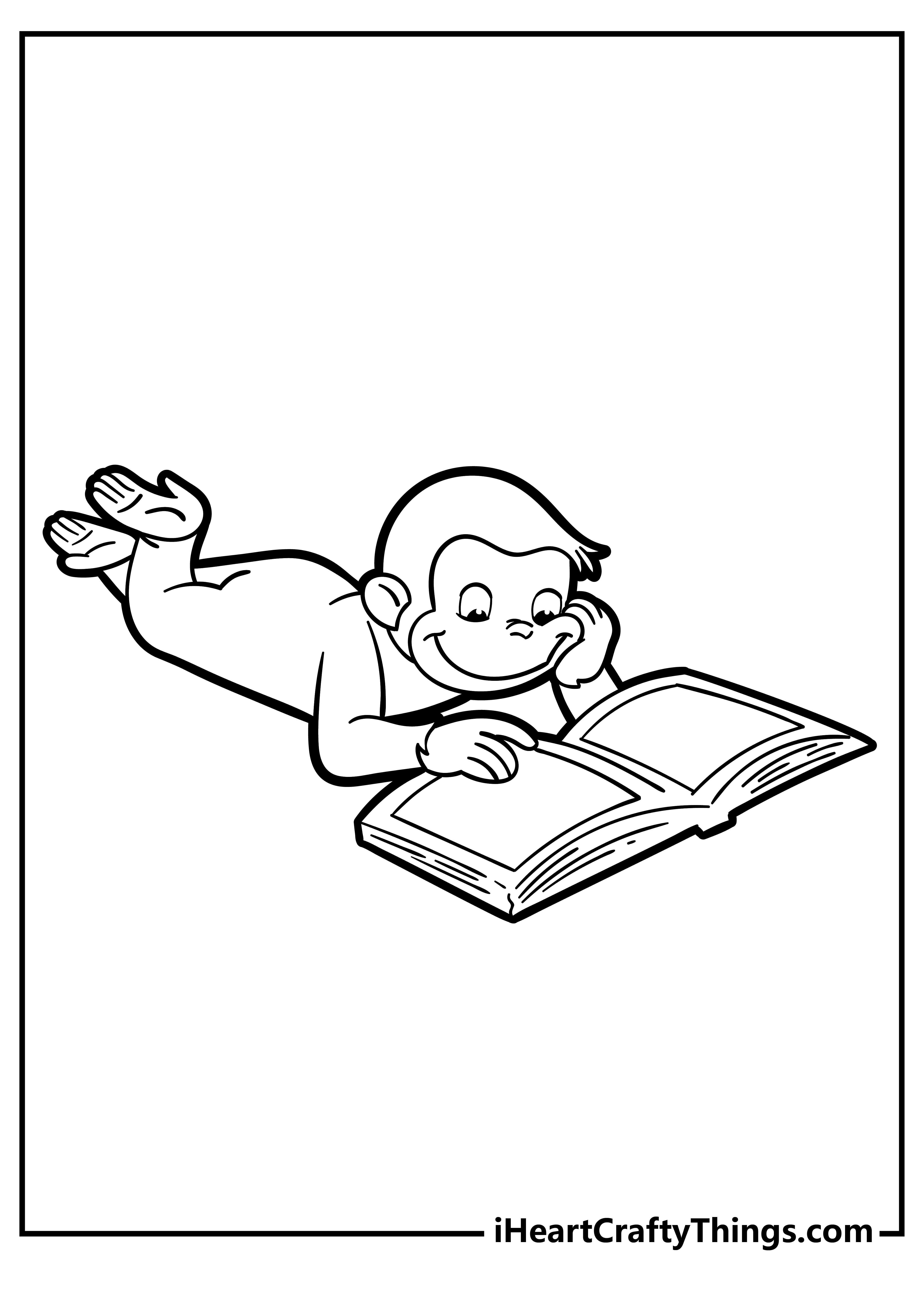 Curious George laying down on his belly while reading book free page to download and color